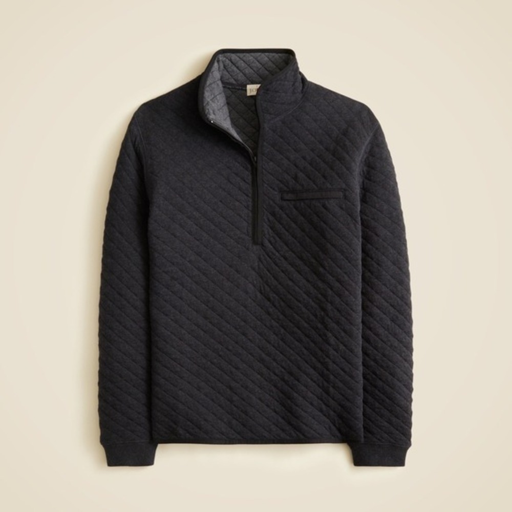 NWT J. Crew Quilted Quarter Zip Pullover Heather Black Combo Size L